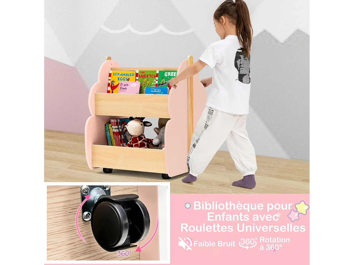 Bibliothèque enfants bois arbre, 4 roues, 2 niveaux, 3ans+, rose