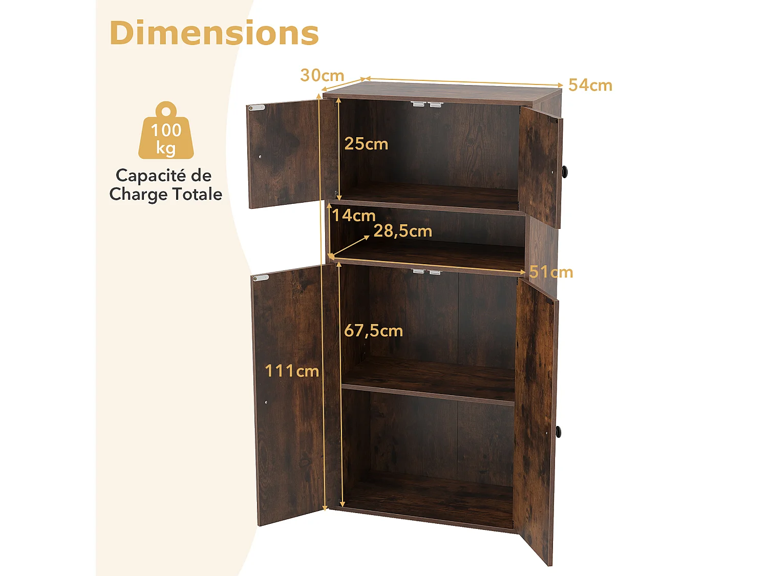 Boekenkast 111 cm hoog met 4 deuren 4 niveaus, verstelbaar, bruin