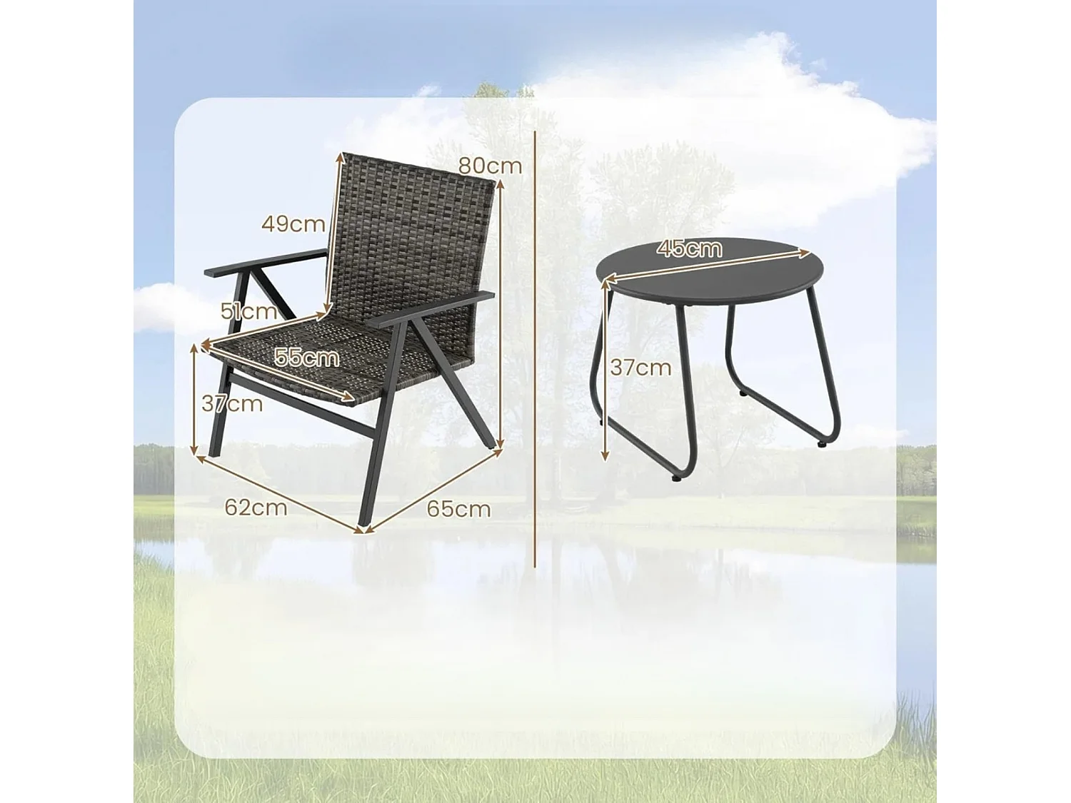 3-teiliges Bistro-Set für den Außenbereich Gartenmöbel-Set inkl. runder Beistelltisch & 2 Stühle aus Metallrahmen