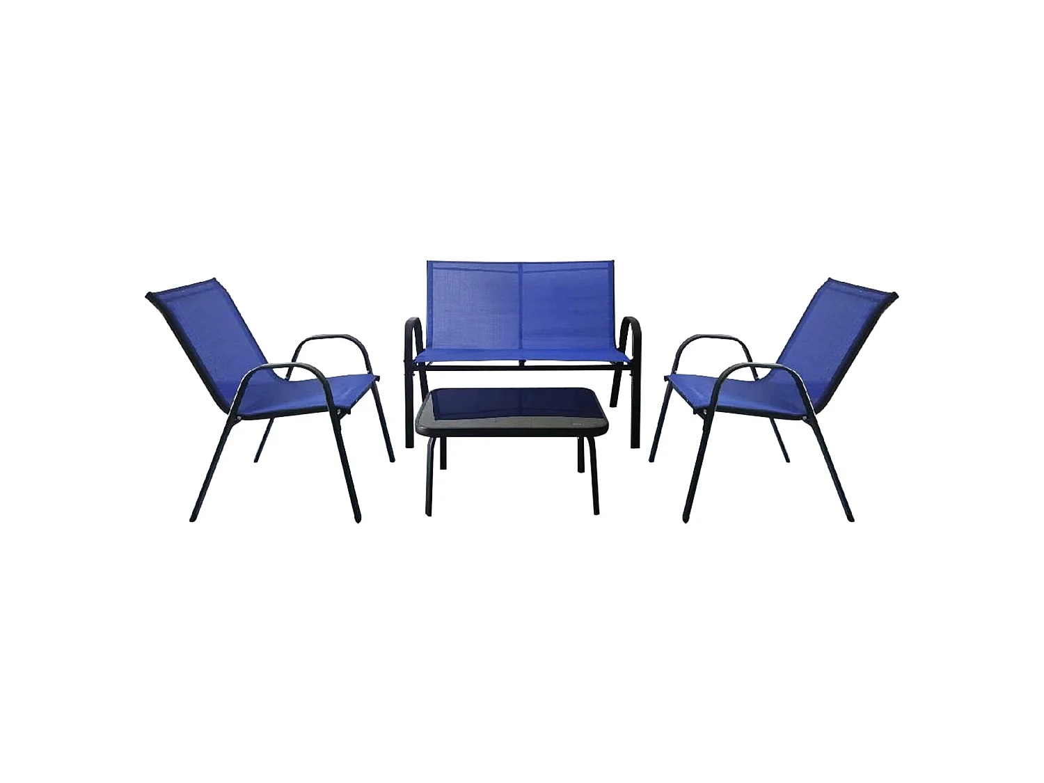 4-teiliges Patio Metallstuhl-Set Modernes Stuhlund Tisch-Set mit Stoffbezug Tischplatte aus gehärtetem Glas Blau