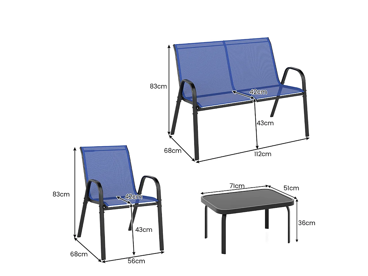 4-teiliges Patio Metallstuhl-Set Modernes Stuhlund Tisch-Set mit Stoffbezug Tischplatte aus gehärtetem Glas Blau