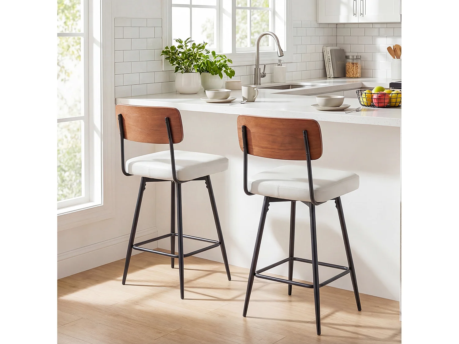 Lot de 2 tabourets de bar pivotants 360°, rembourrés, 69cm, métal, blanc