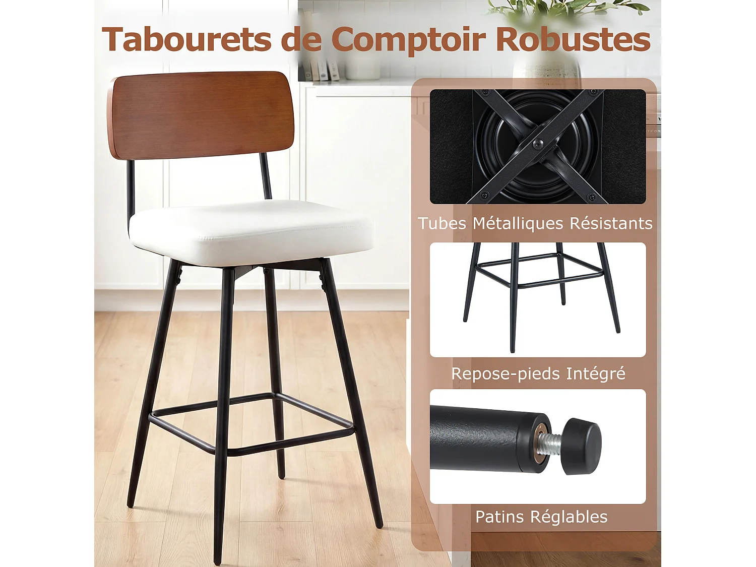 Lot de 2 tabourets de bar pivotants 360°, rembourrés, 69cm, métal, blanc