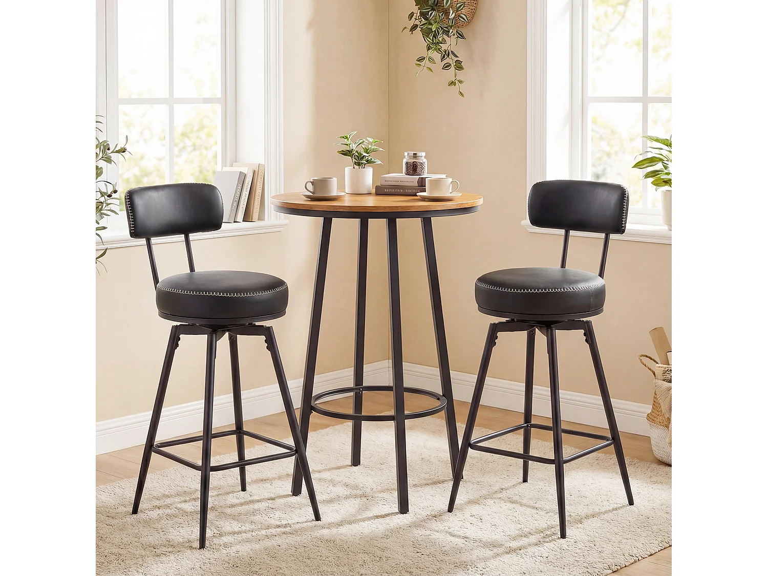 Lot de 2 tabourets de bar pivotants, dossier rembourré, repose-pieds, métal, 73cm, noir