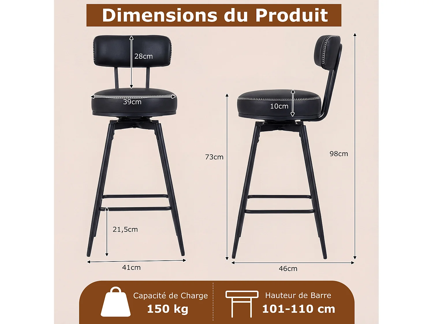 Lot de 2 tabourets de bar pivotants, dossier rembourré, repose-pieds, métal, 73cm, noir