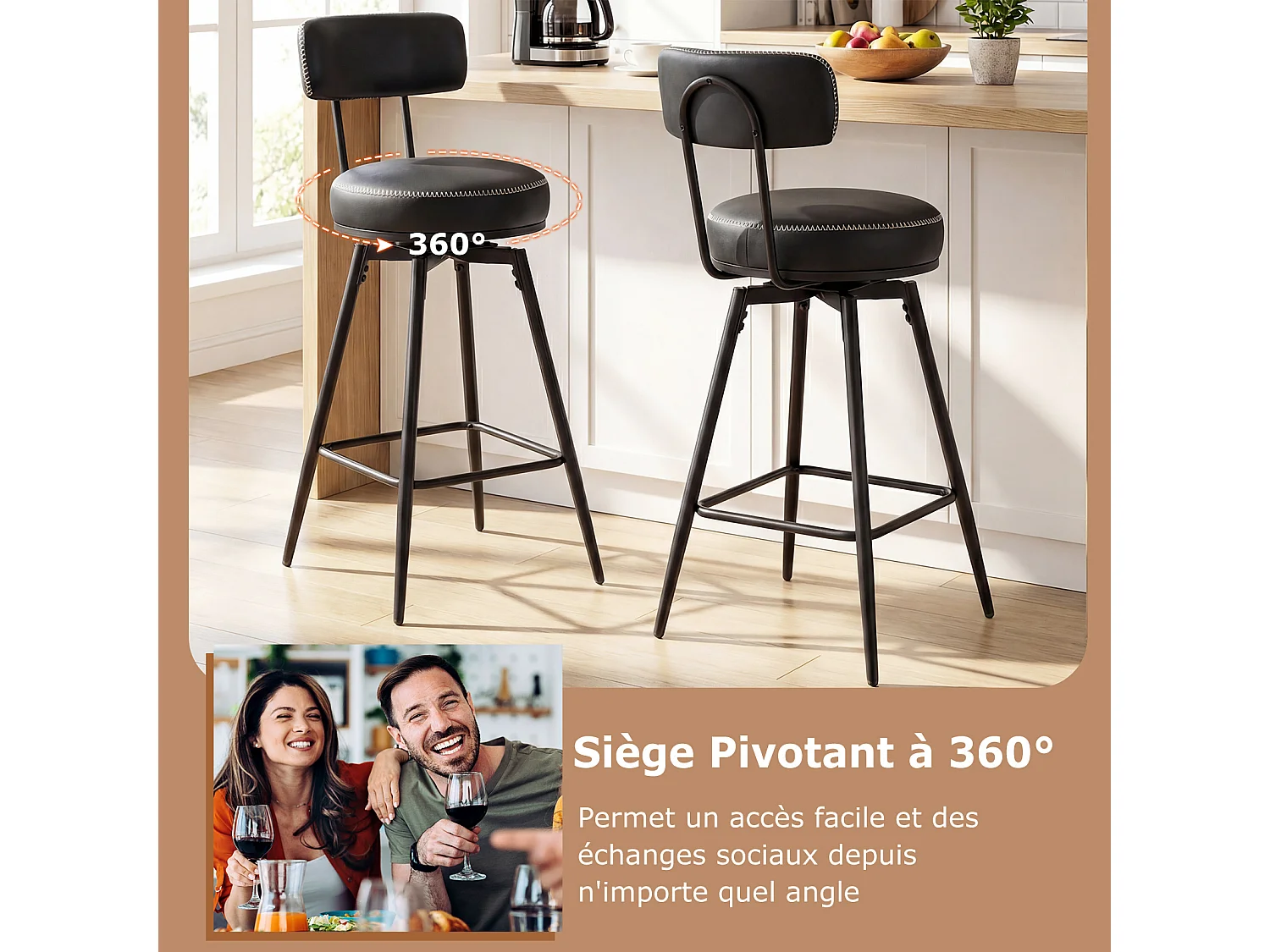 Lot de 2 tabourets de bar pivotants, dossier rembourré, repose-pieds, métal, 73cm, noir