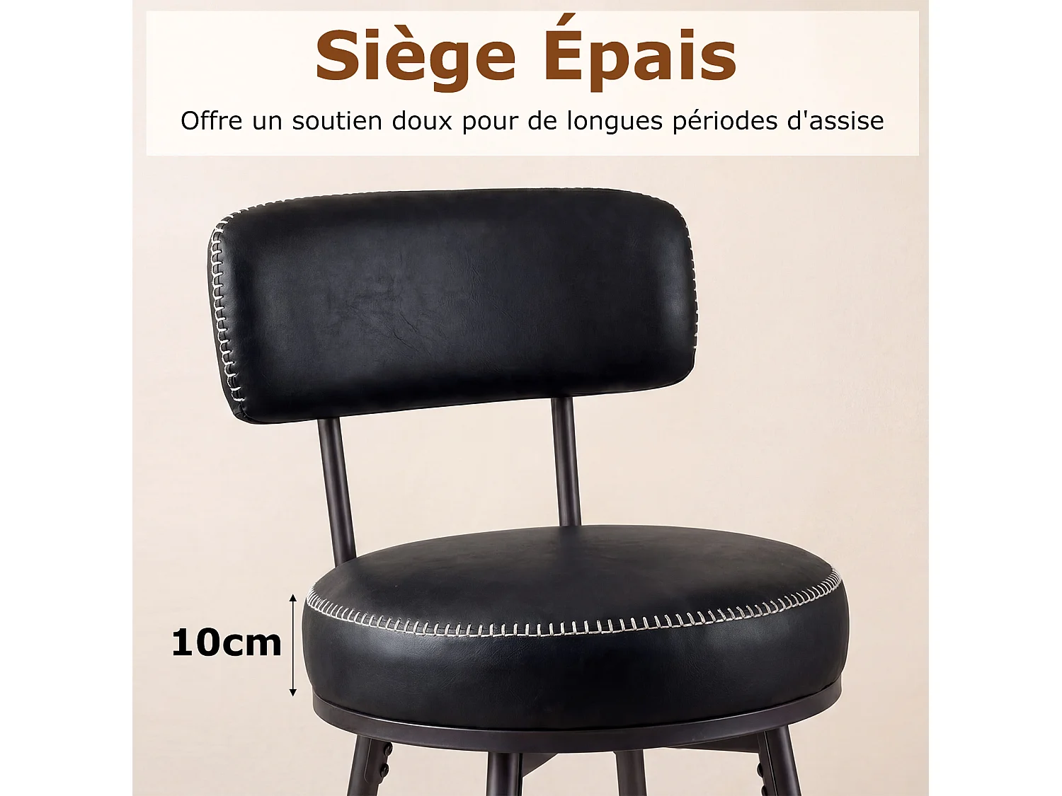 Lot de 2 tabourets de bar pivotants, dossier rembourré, repose-pieds, métal, 73cm, noir