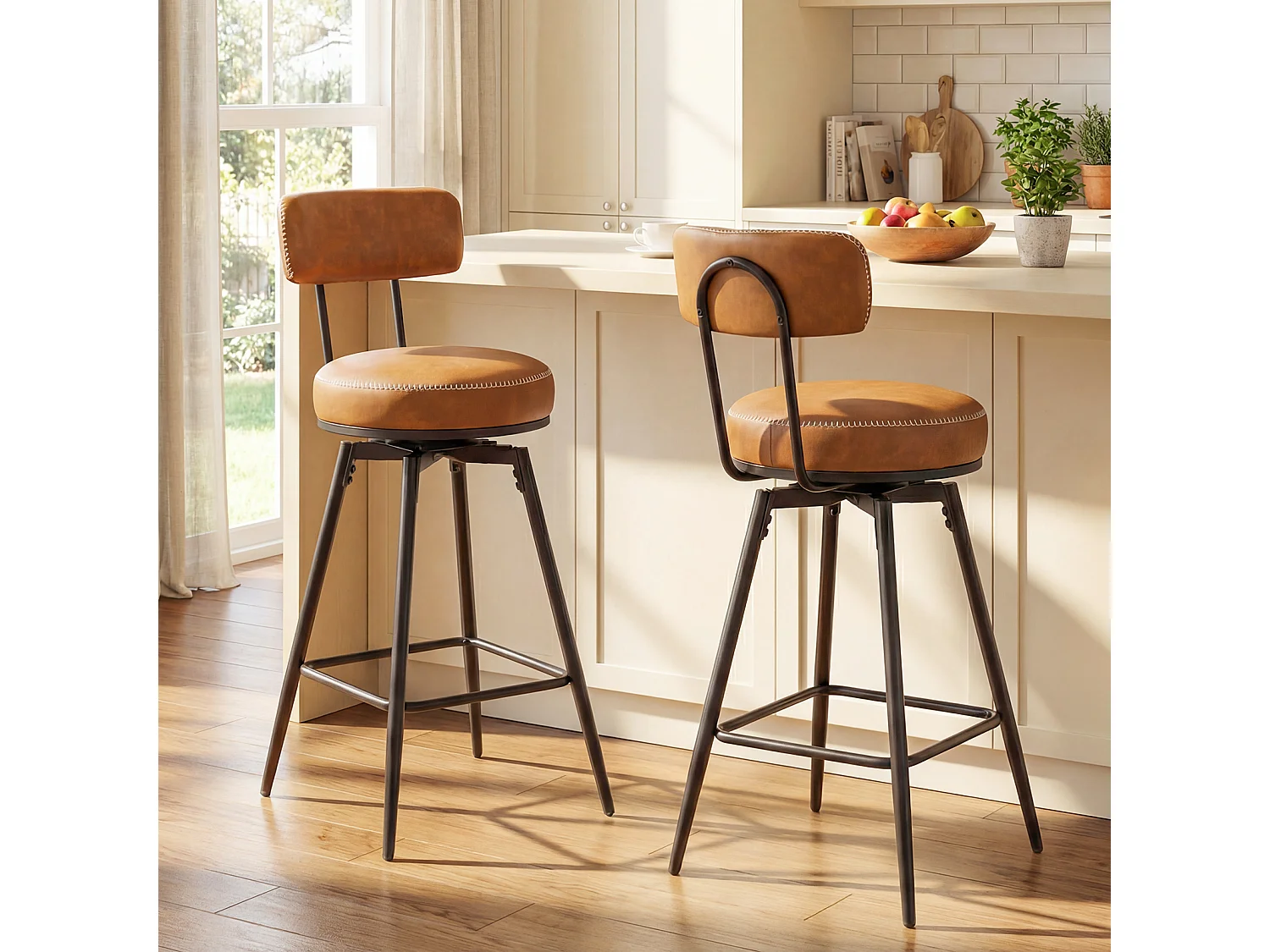 Lot de 2 tabourets de bar pivotants, dossier rembourré, repose-pieds, métal, 73cm, marron