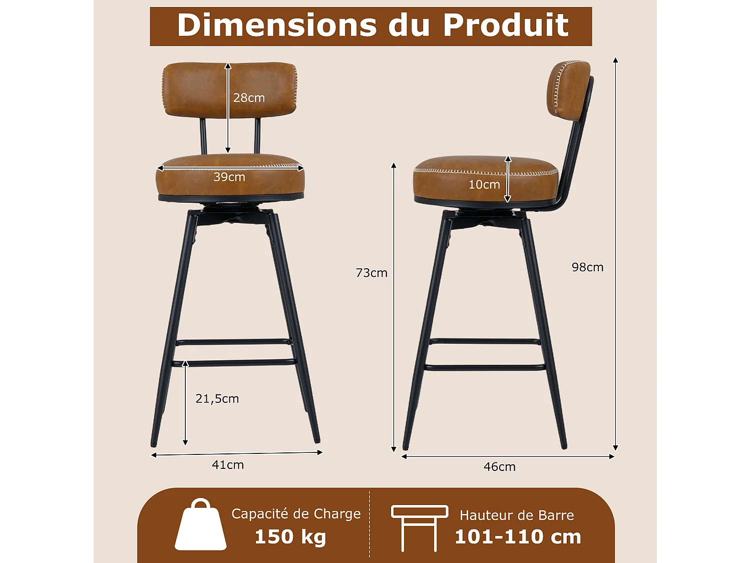 Lot de 2 tabourets de bar pivotants, dossier rembourré, repose-pieds, métal, 73cm, marron