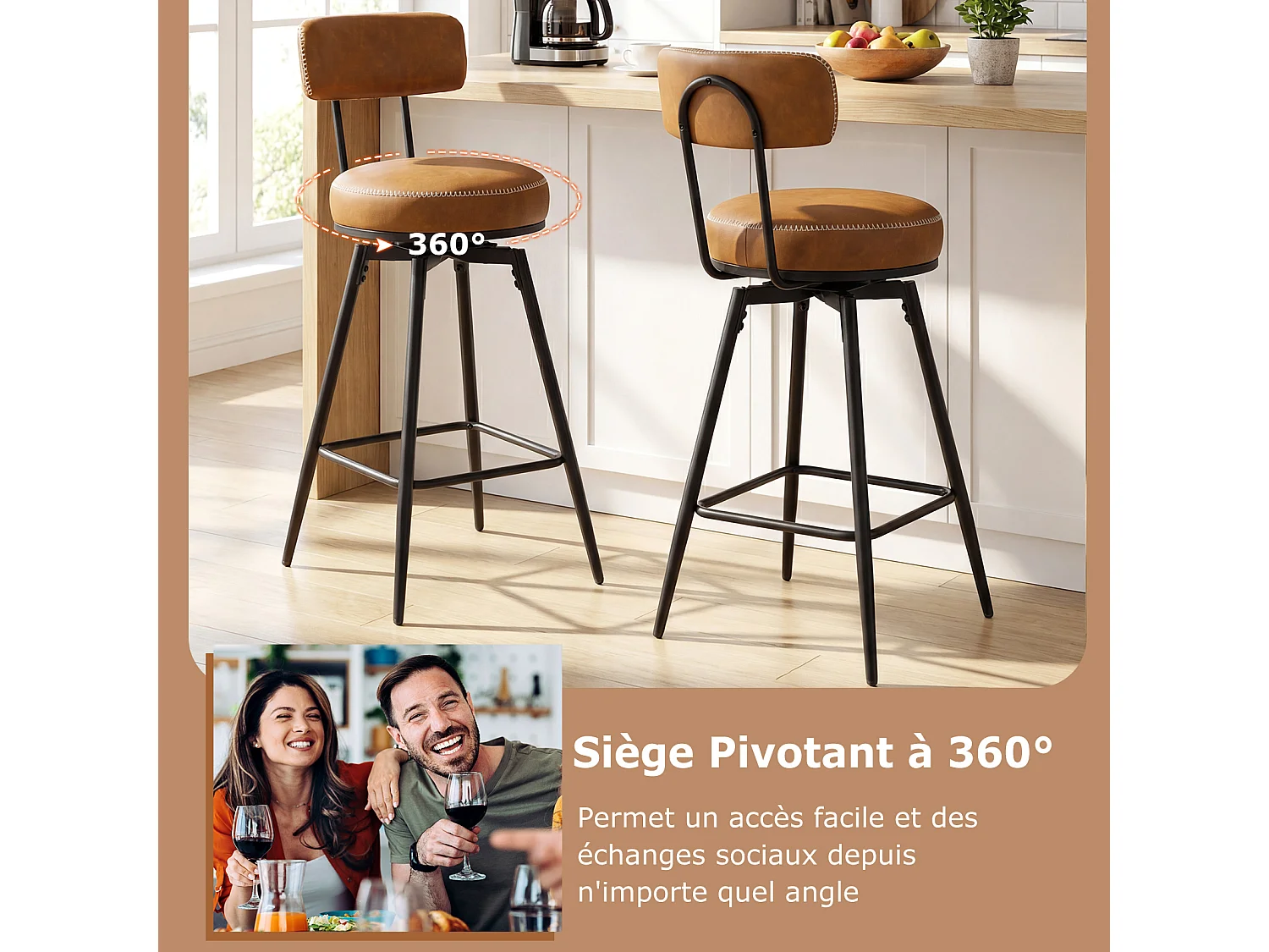 Lot de 2 tabourets de bar pivotants, dossier rembourré, repose-pieds, métal, 73cm, marron