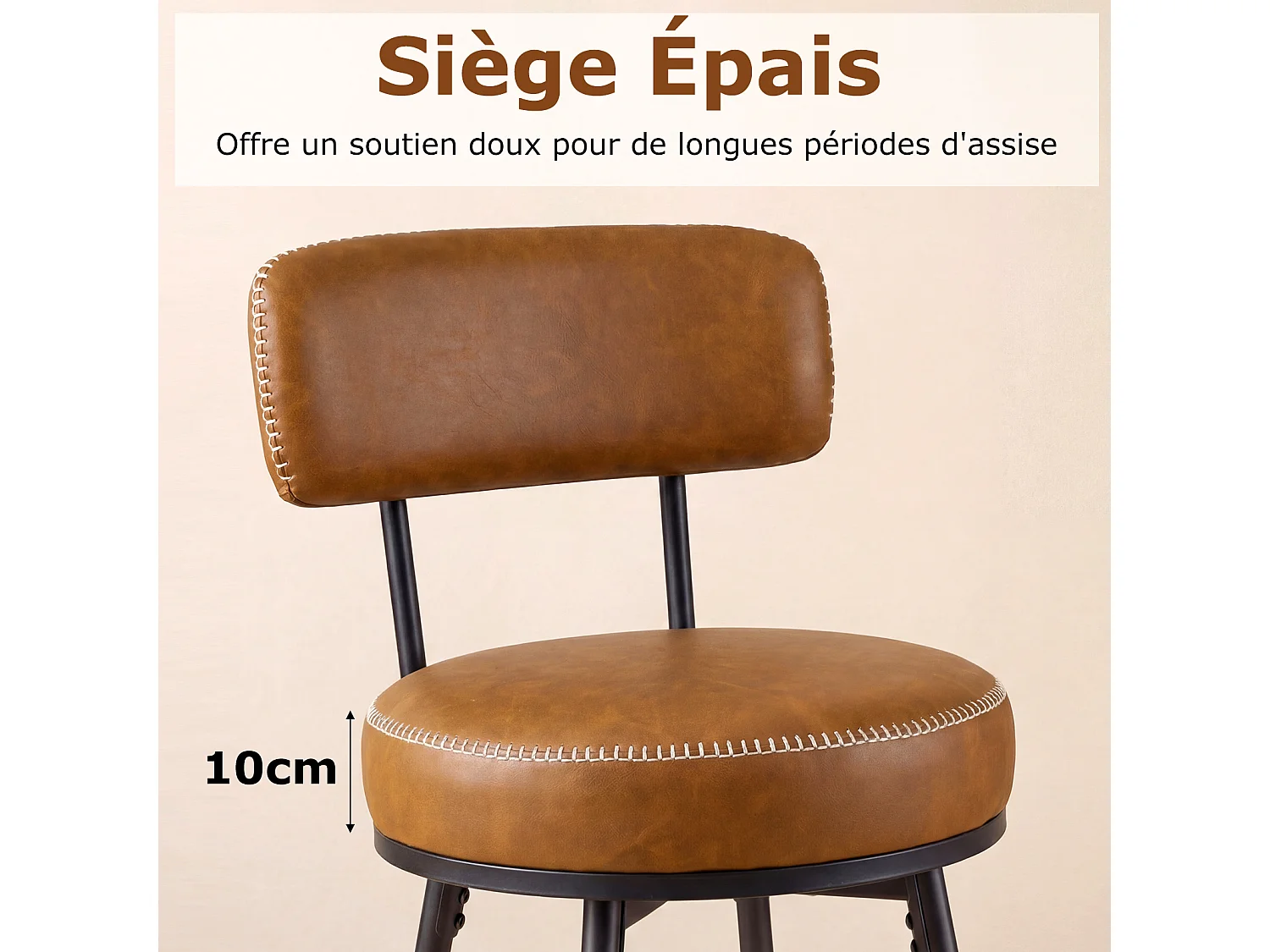 Lot de 2 tabourets de bar pivotants, dossier rembourré, repose-pieds, métal, 73cm, marron
