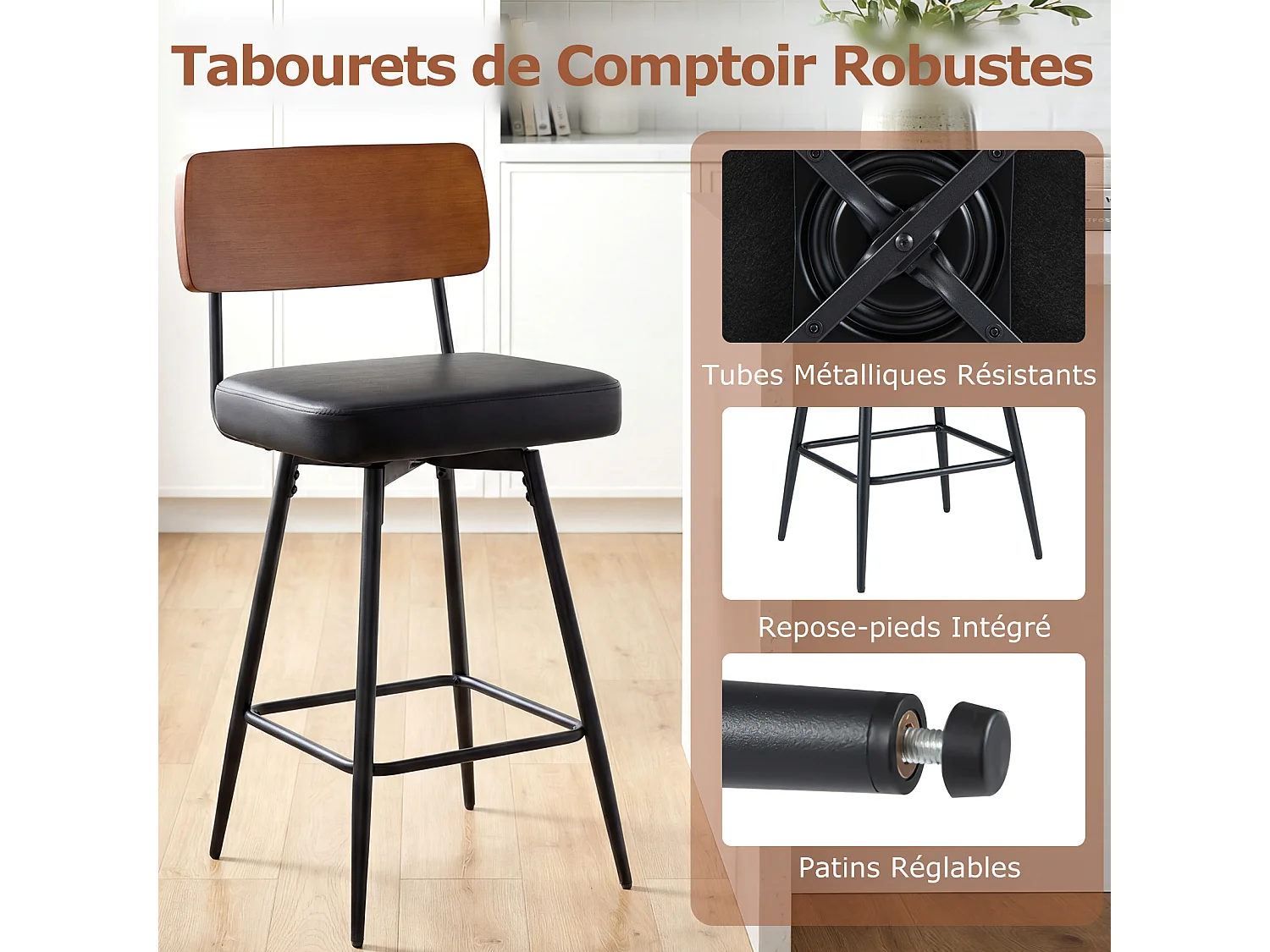 Lot de 2 tabourets de bar pivotants 360°, dossier rembourré, 69cm, repose-pieds, métal, noir