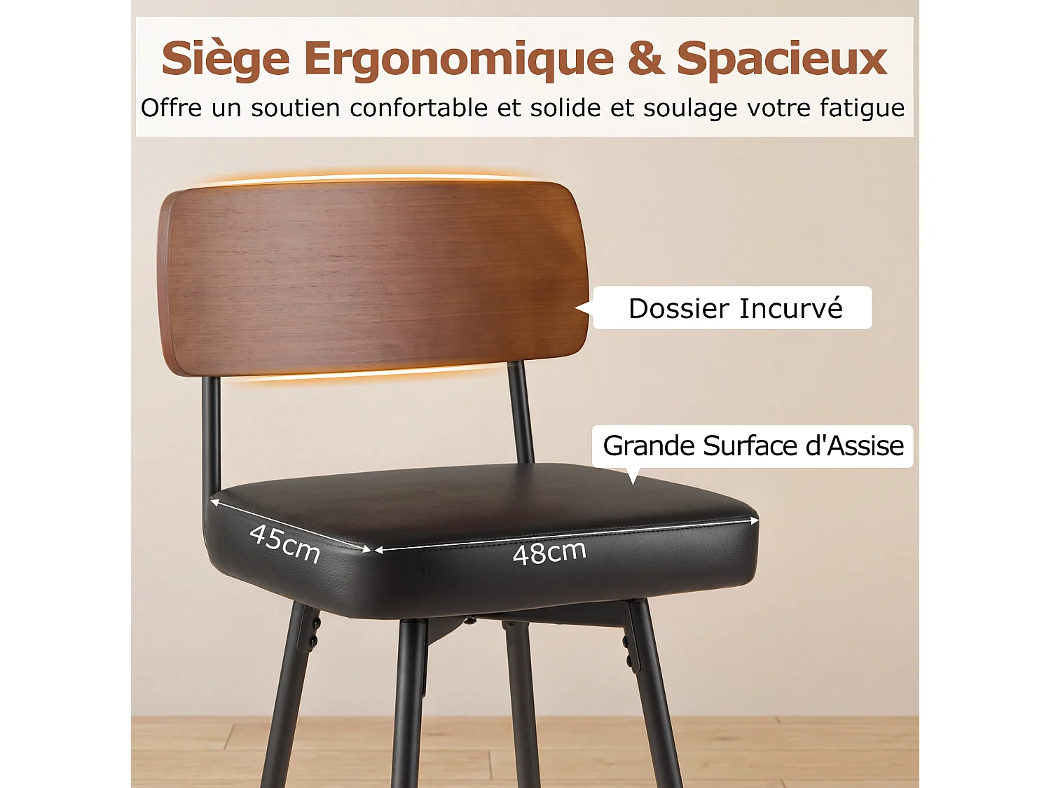 Lot de 2 tabourets de bar pivotants 360°, dossier rembourré, 69cm, repose-pieds, métal, noir