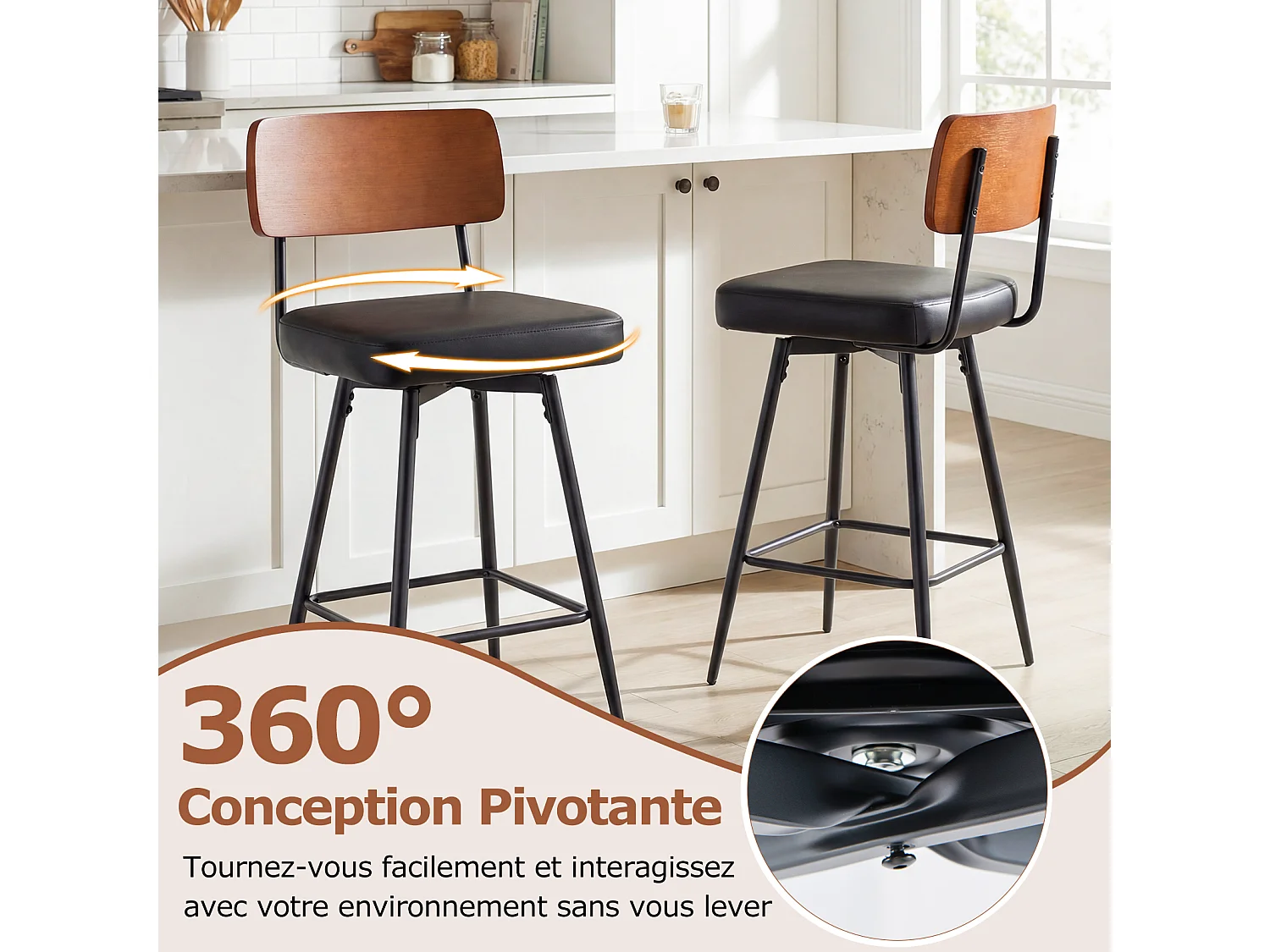 Lot de 2 tabourets de bar pivotants 360°, dossier rembourré, 69cm, repose-pieds, métal, noir