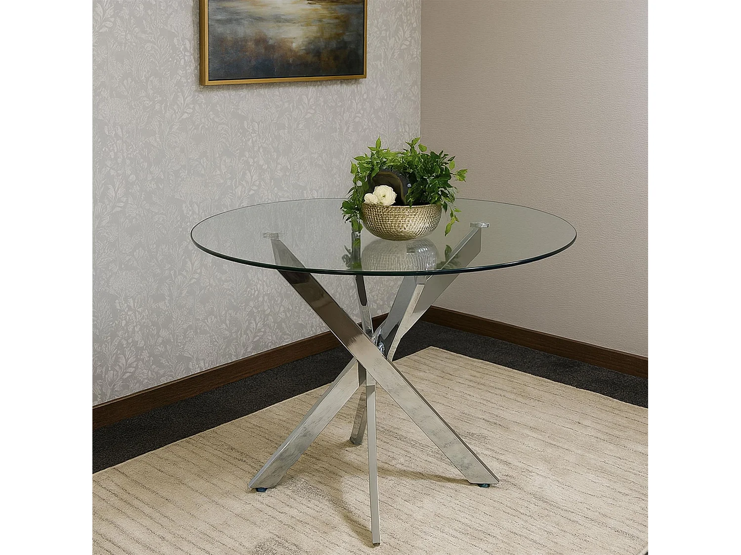 Modern Round Glass Dining Table Set With 4 Grey Velvet Chairs Dining Room Furniture