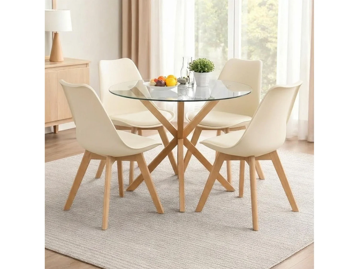 Kosy Koala Round Glass Dining Table Set With 4 Cream Plastic Chairs Dining Room Furniture