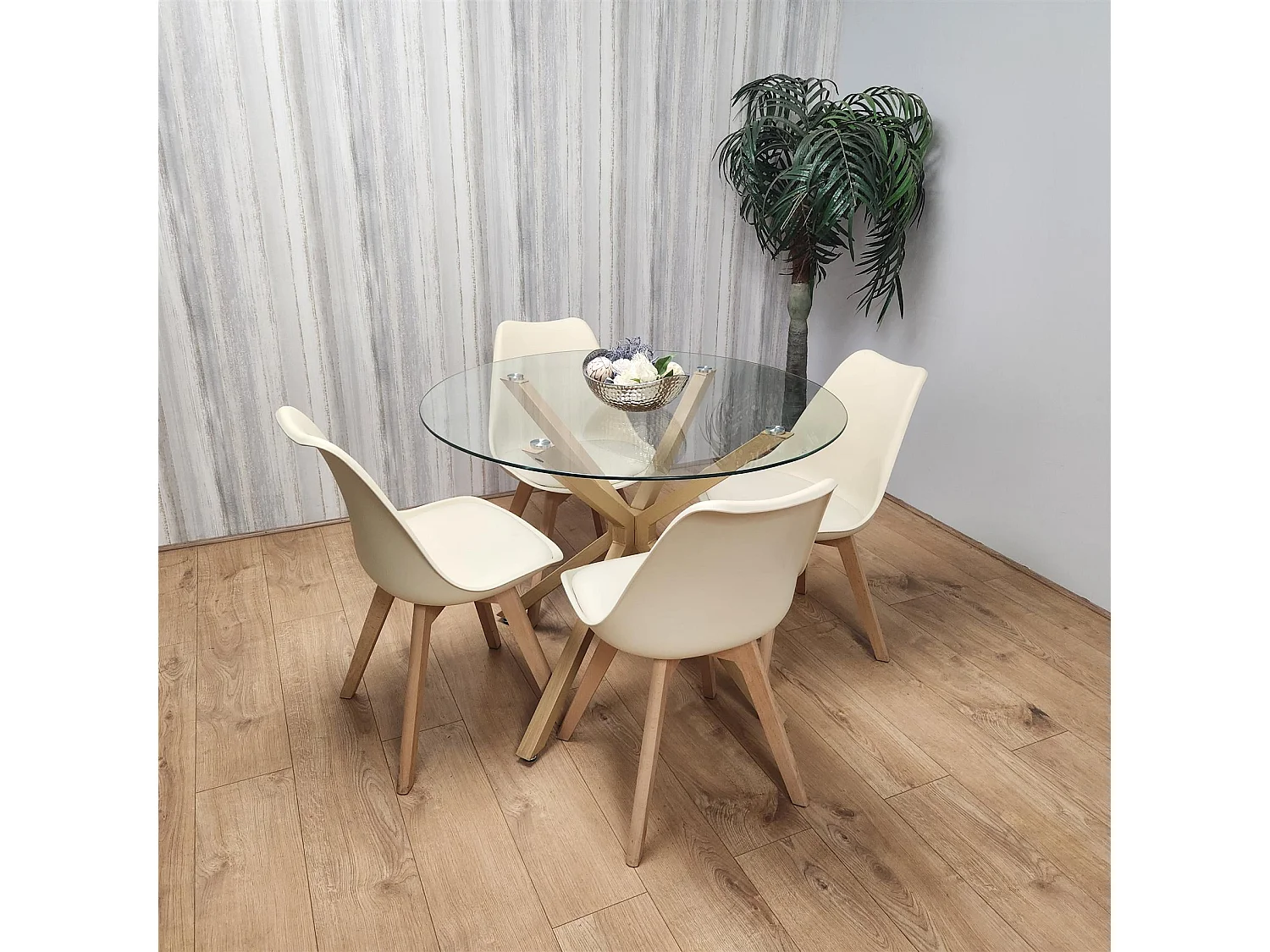 Kosy Koala Round Glass Dining Table Set With 4 Cream Plastic Chairs Dining Room Furniture