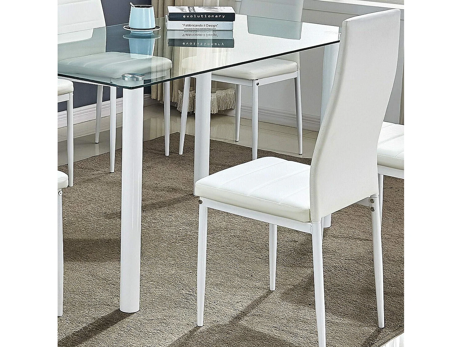 White Clear Glass Dining Table set with 6 White Faux Leather Chairs Dining Room Set