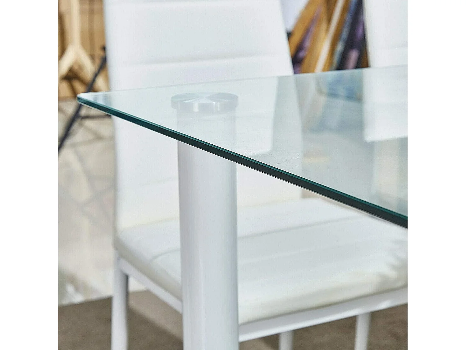 White Clear Glass Dining Table set with 6 White Faux Leather Chairs Dining Room Set