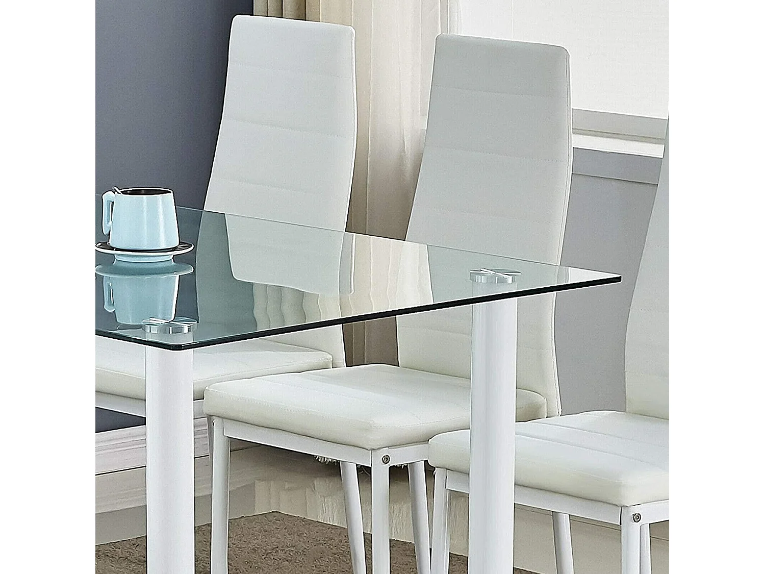 White Clear Glass Dining Table set with 6 White Faux Leather Chairs Dining Room Set