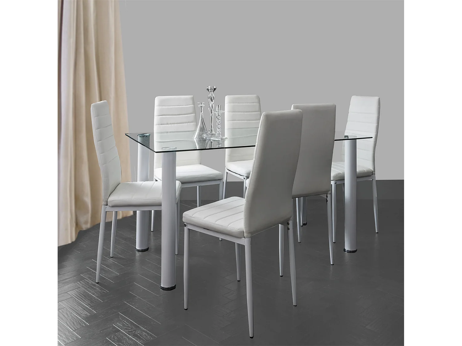 White Clear Glass Dining Table set with 6 White Faux Leather Chairs Dining Room Set