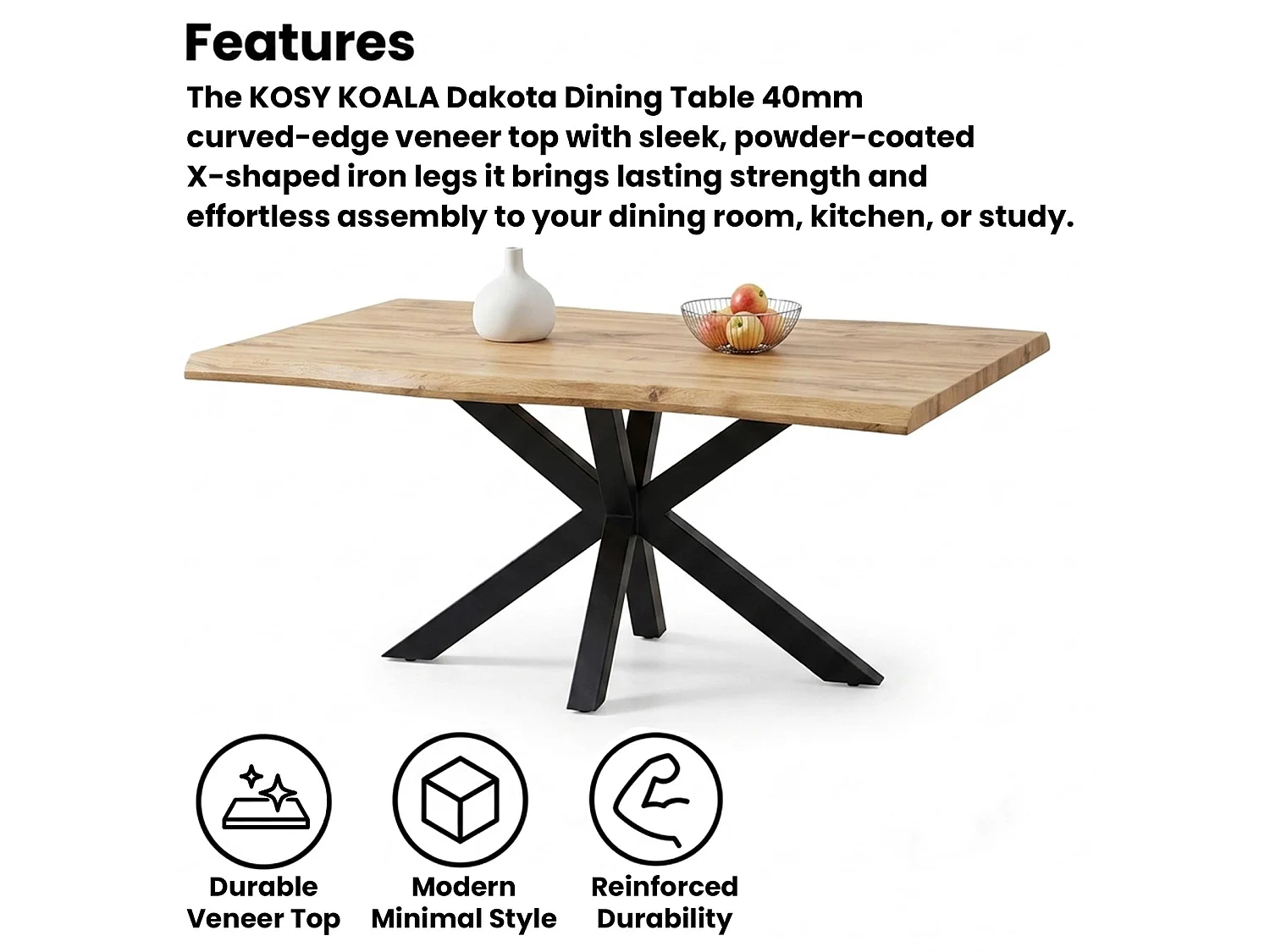 Durable Wooden Dining Table with X-Shaped Iron Legs, Curved Edge for Dining, Work, or Study (Length 117cm)