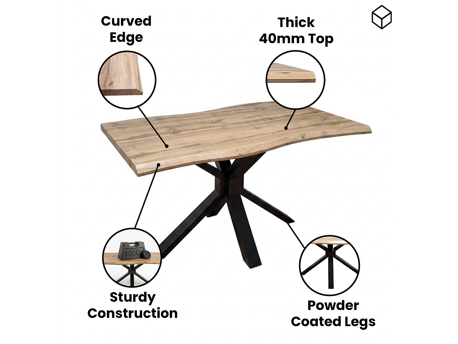 Durable Wooden Dining Table with X-Shaped Iron Legs, Curved Edge for Dining, Work, or Study (Length 117cm)