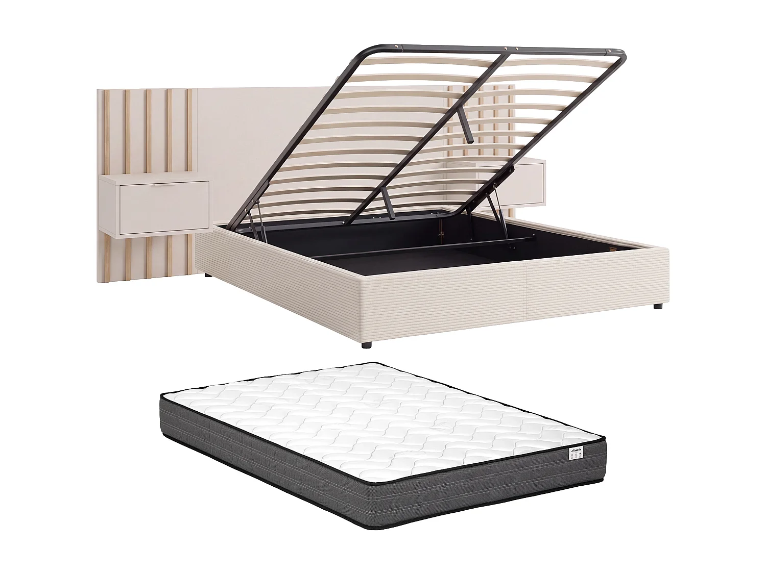 Lit coffre 160 x 200 cm avec tête de lit et chevets - Avec port USB-C - Beige et naturel + Matelas - FIRMEO