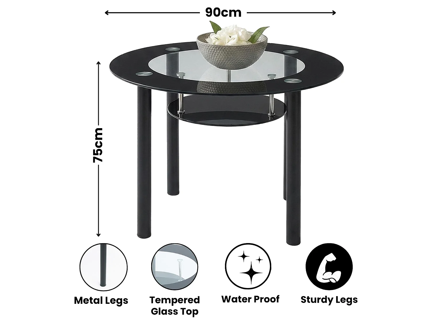 Round Black Glass Dining Table with 4 Black Chairs Modern Dining Room Furniture Set