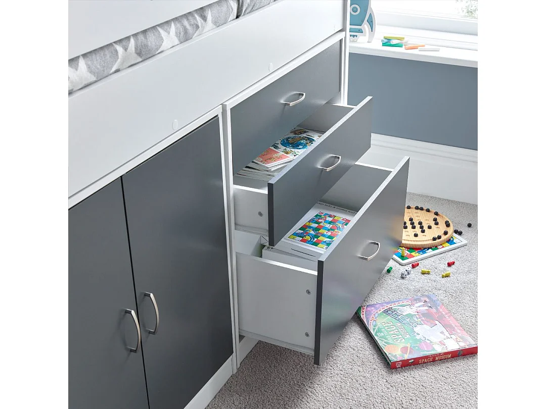 Lacy Grey and White Storage Mid Sleeper Bed And Pocket Sprung Mattress
