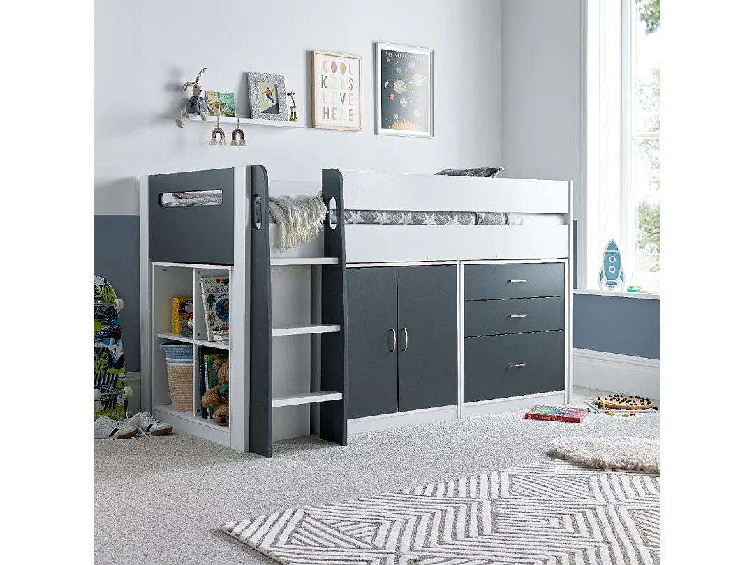 Lacy Grey and White Storage Mid Sleeper Bed And Memory Foam Mattress