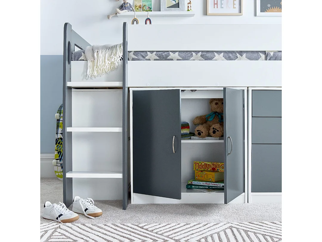 Lacy Grey and White Storage Mid Sleeper Bed And Spring Mattress