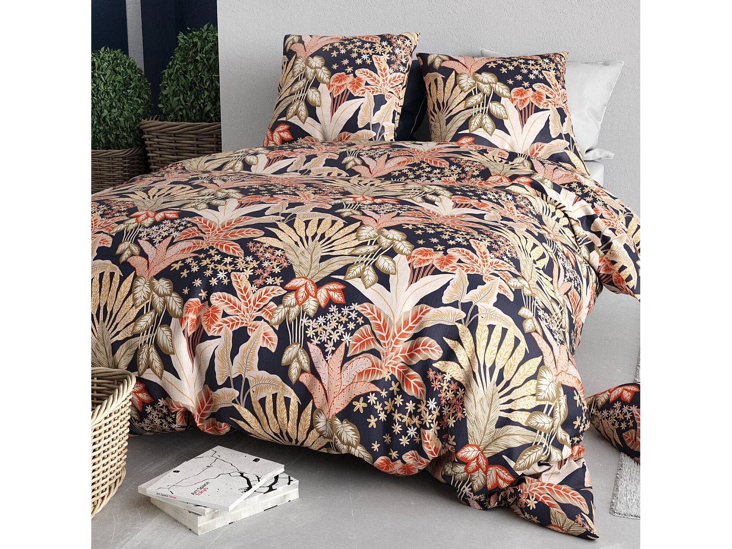 Parure housse de couette 100% coton Louisane motif feuillage bleu orange