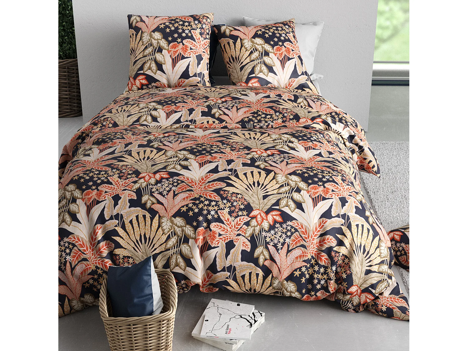 Parure housse de couette 100% coton Louisane motif feuillage bleu orange