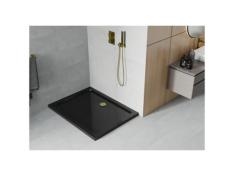 Mexen Flat plato de ducha rectangular slim 100 x 90 cm, negro, sifón dorado - 40709010G
