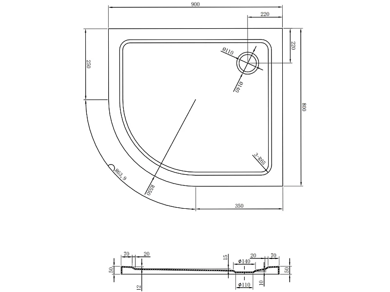Mexen Flat ducha semicircular slim derecha 90 x 80 cm, blanco, sifón negro - 41108090P-B