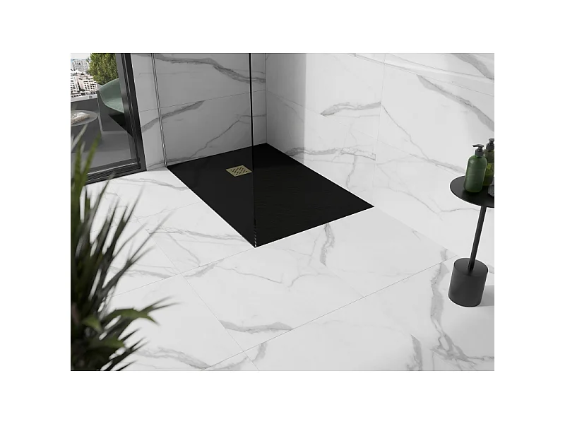 Mexen Stone+ plato de ducha de composite rectangular 130 x 80 cm, negro, cubierta dorada - 44708013-G