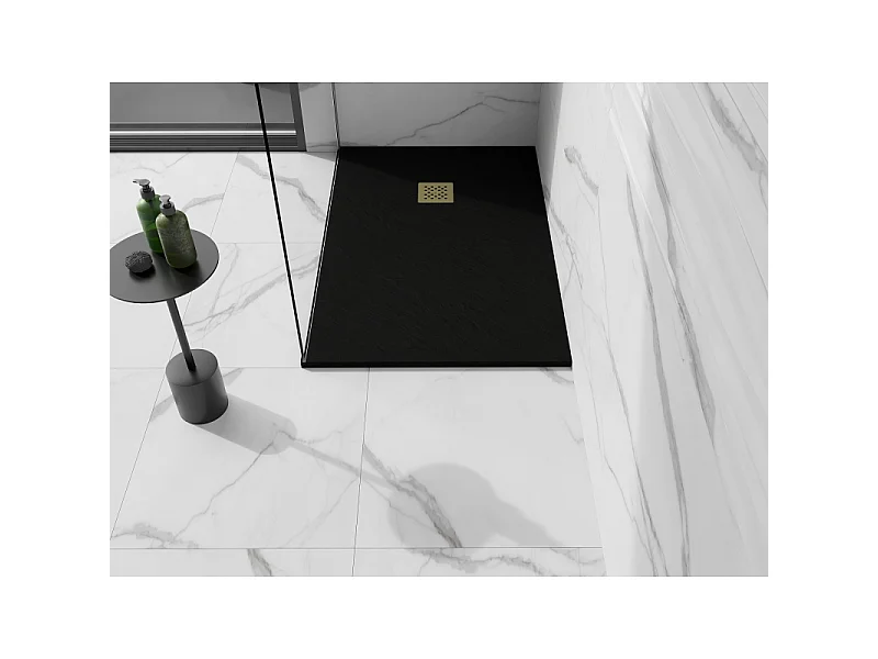 Mexen Stone+ plato de ducha de composite rectangular 130 x 80 cm, negro, cubierta dorada - 44708013-G