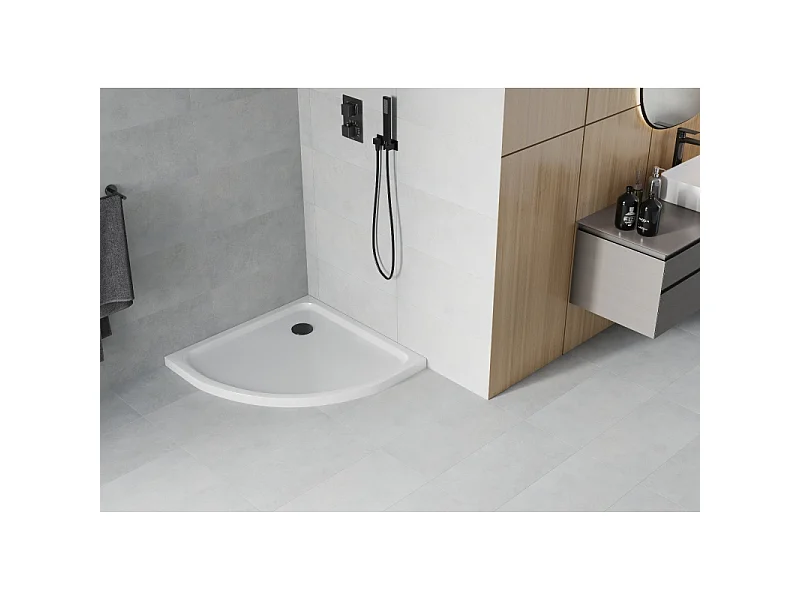 Mexen Flat Halbrunde flache Duschwanne 90 x 90 cm, weiß, schwarzer Siphon - 41109090B