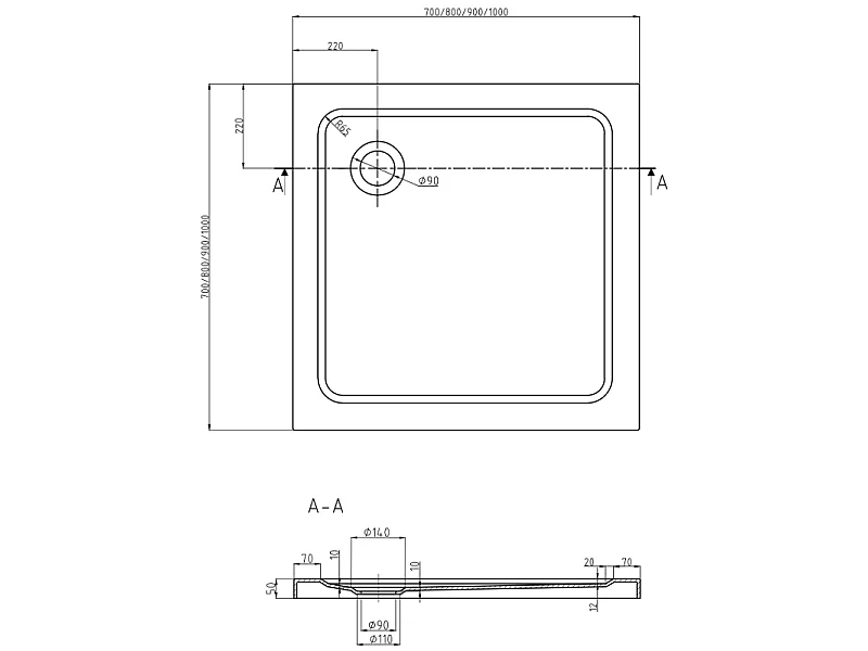 Mexen Flat quadratische Duschwanne Slim 80 x 80 cm, schwarz, Ablauf gold - 40708080G