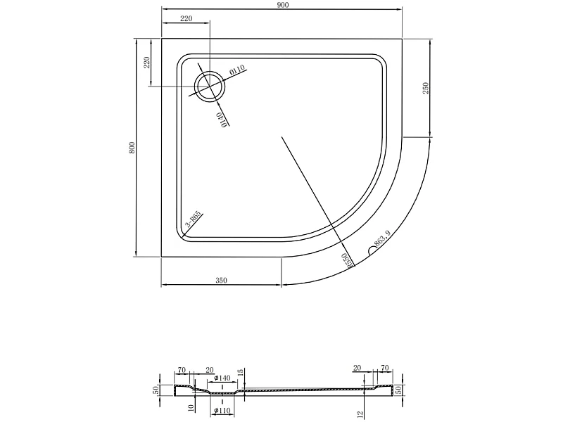 Mexen Flat Halbrunde Duschtasse Slim Links 90 x 80 cm, Weiß, Siphon Chrom - 41108090L