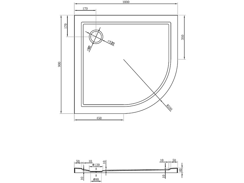 Mexen Flow semicircular asymmetric slim left shower tray 100 x 90 cm, black matte - 46Q709010L