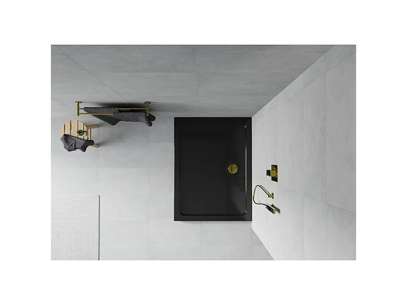 Mexen Flat plato de ducha rectangular slim 100 x 70 cm, negro, sifón dorado - 40707010G