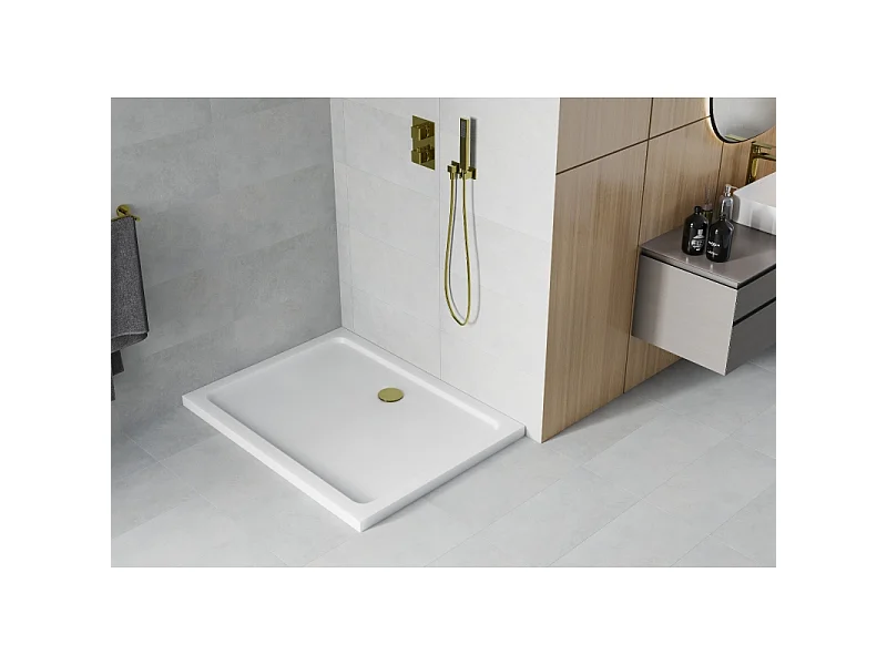 Mexen Flat plato de ducha rectangular slim 110 x 100 cm, blanco, sifón dorado - 40101011G