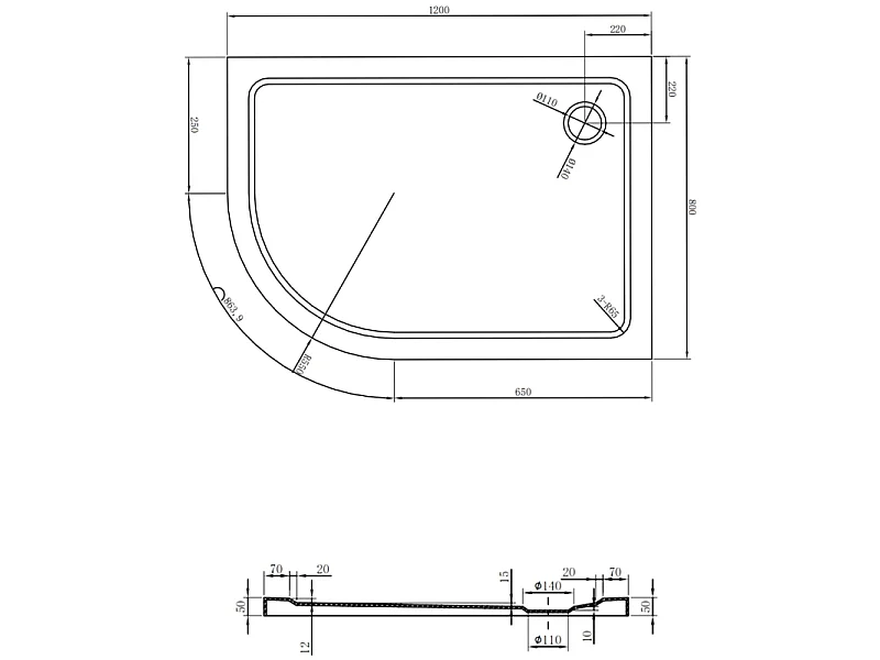 Mexen Flat receptor de ducha semicircular slim derecho 120 x 80 cm, blanco, sifón cromado - 41108012P