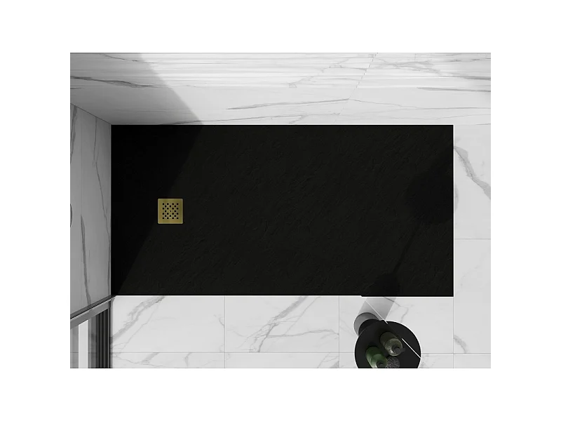 Mexen Stone+ plato de ducha rectangular de composite 160 x 100 cm, negro, cubierta dorada - 44701016-G