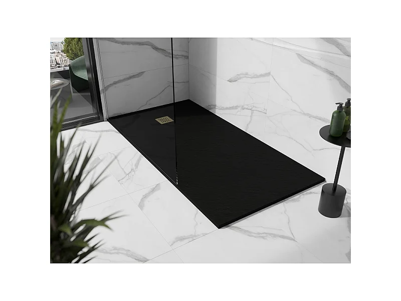 Mexen Stone+ plato de ducha rectangular de composite 160 x 100 cm, negro, cubierta dorada - 44701016-G