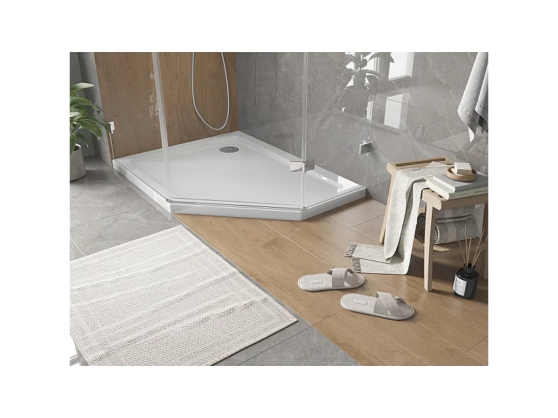 Mexen Flat plato de ducha pentagonal slim izquierdo 100 x 80 cm, blanco, sifón cromo - 41P108010L