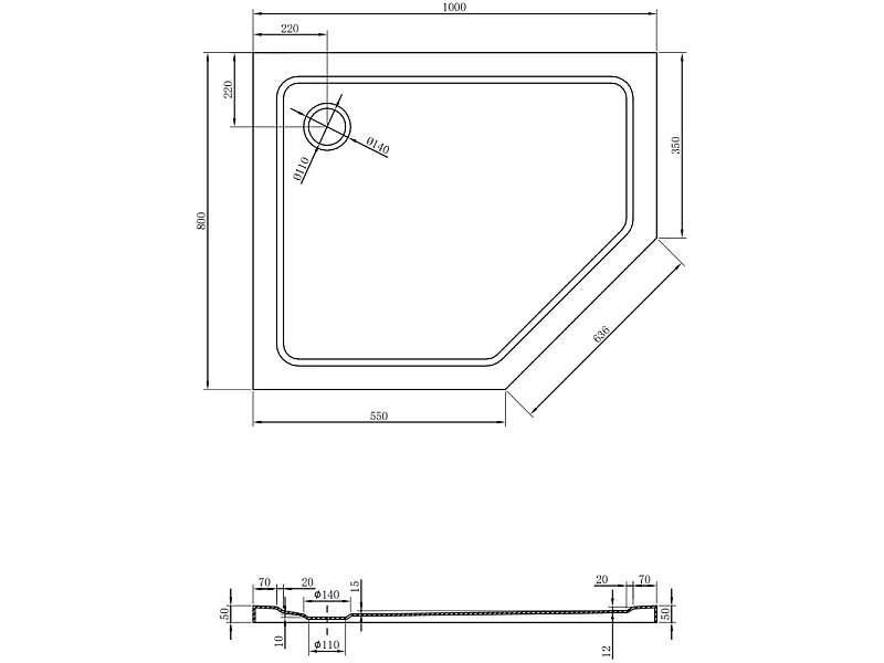 Mexen Flat plato de ducha pentagonal slim izquierdo 100 x 80 cm, blanco, sifón cromo - 41P108010L