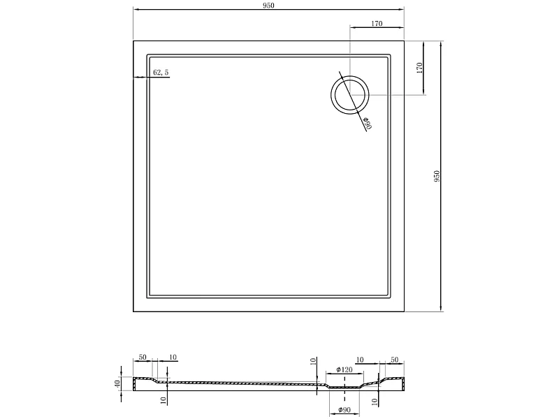 Mexen Flow kwadrant douchebak slim 95 x 95 cm, zwart mat - 46S709595